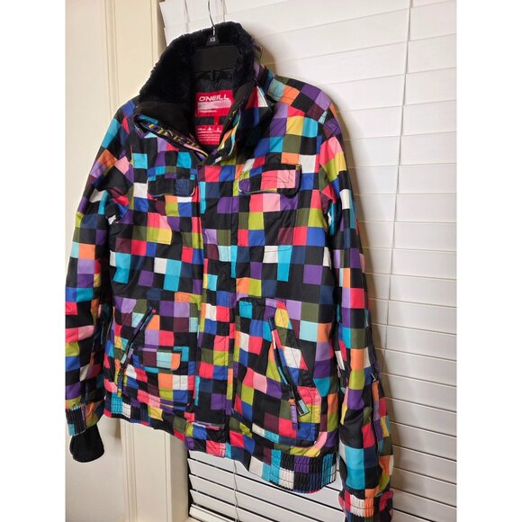 VTG Y2K ONeill Womens colorblock Checkered Ski Jacket Coat L Patchwork snowboard - Picture 2 of 10